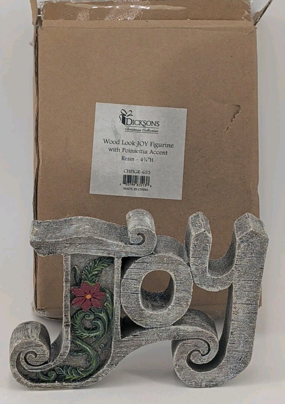 Dicksons 4 3/4" Resin Wood Look JOY Figurine W/Poinsettia Accent